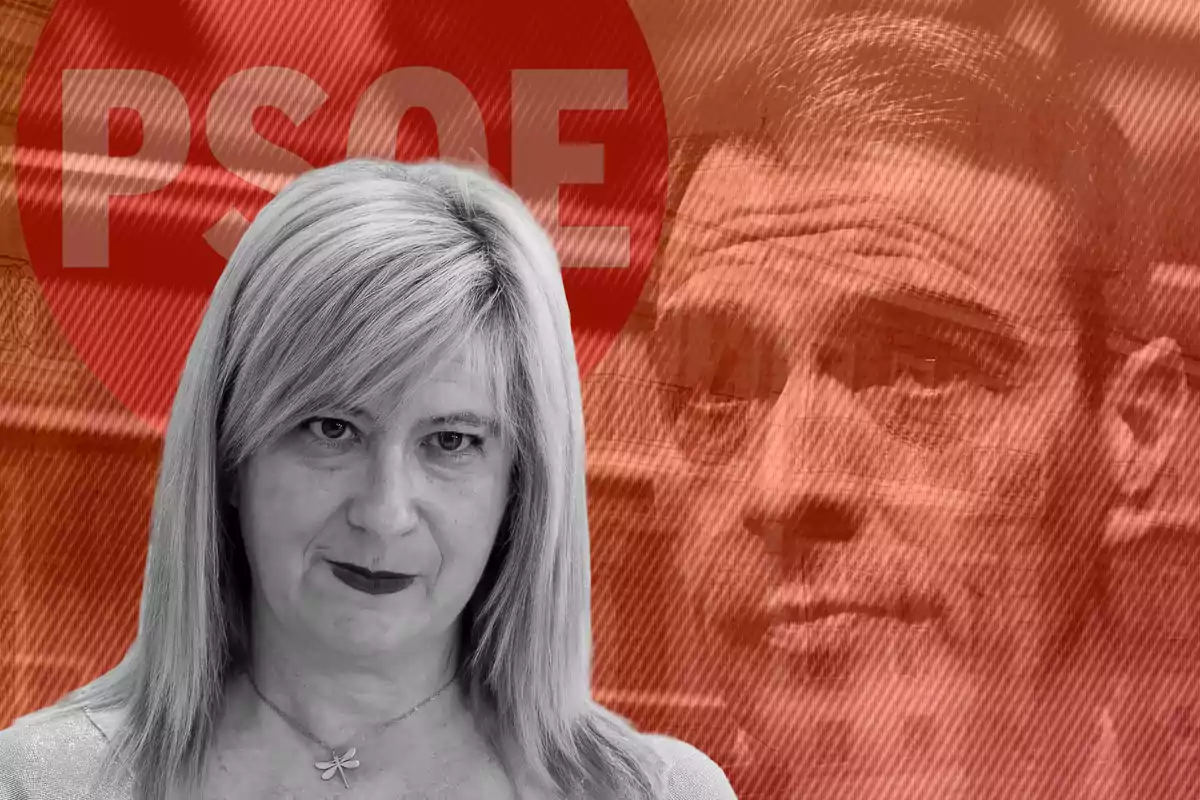 Mujer de cabello rubio en primer plano con expresión seria sobre un fondo rojo con las letras PSOE y el rostro difuminado de un hombre