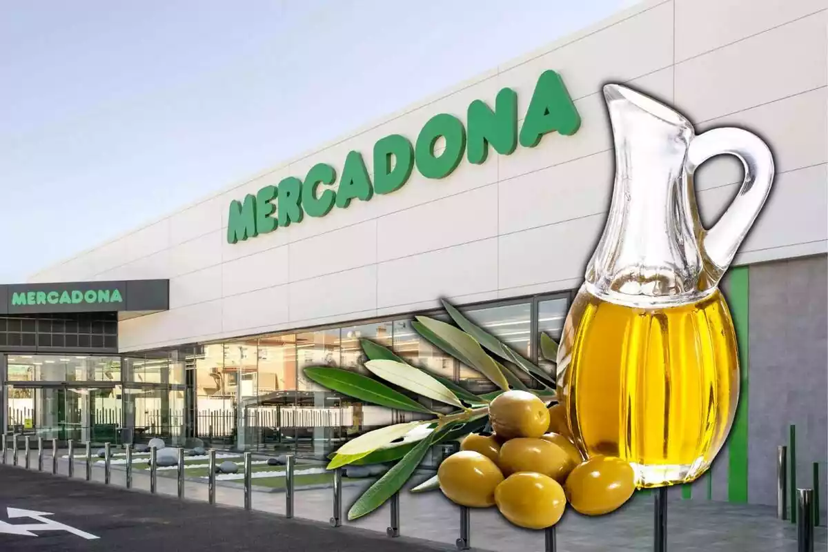 Establecimiento de Mercadona por fuera y aceitera con olivas