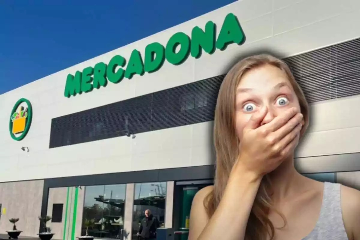 Establecimiento de Mercadona con una mujer tapándose la boca con cara de sorpresa