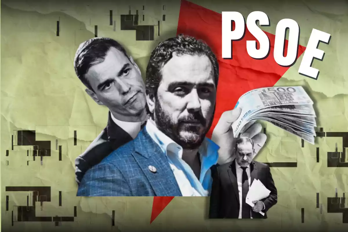 Un collage con tres hombres en traje, uno de ellos sosteniendo billetes de 500 euros, sobre un fondo con un diseño abstracto y la palabra "PSOE" en letras grandes.