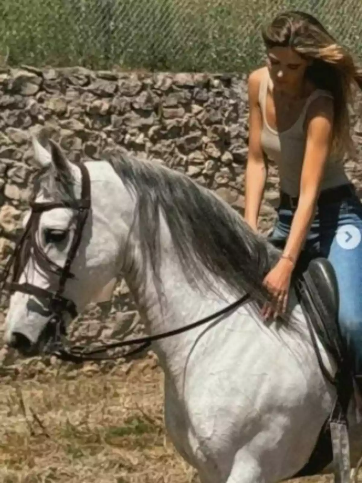 Ana Soria montando un caballo blanco en un área al aire libre con un muro de piedra al fondo. Ana Soria montando un caballo blanco en un área al aire libre con un muro de piedra al fondo.