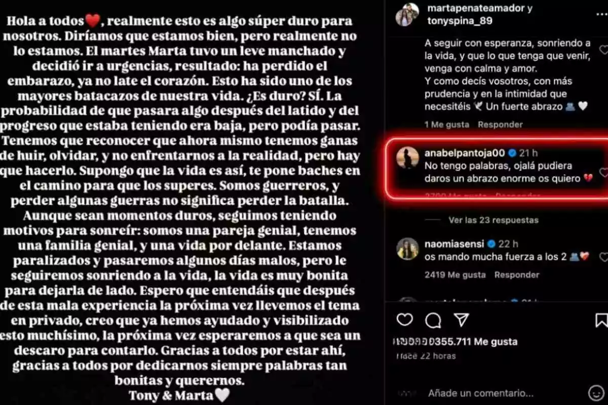 Captura de pantalla de una publicación en Instagram donde una pareja comparte un mensaje sobre la pérdida de un embarazo y recibe mensajes de apoyo y ánimo de sus seguidores. Captura de pantalla de una publicación en Instagram donde una pareja comparte un mensaje sobre la pérdida de un embarazo y recibe mensajes de apoyo y ánimo de sus seguidores.