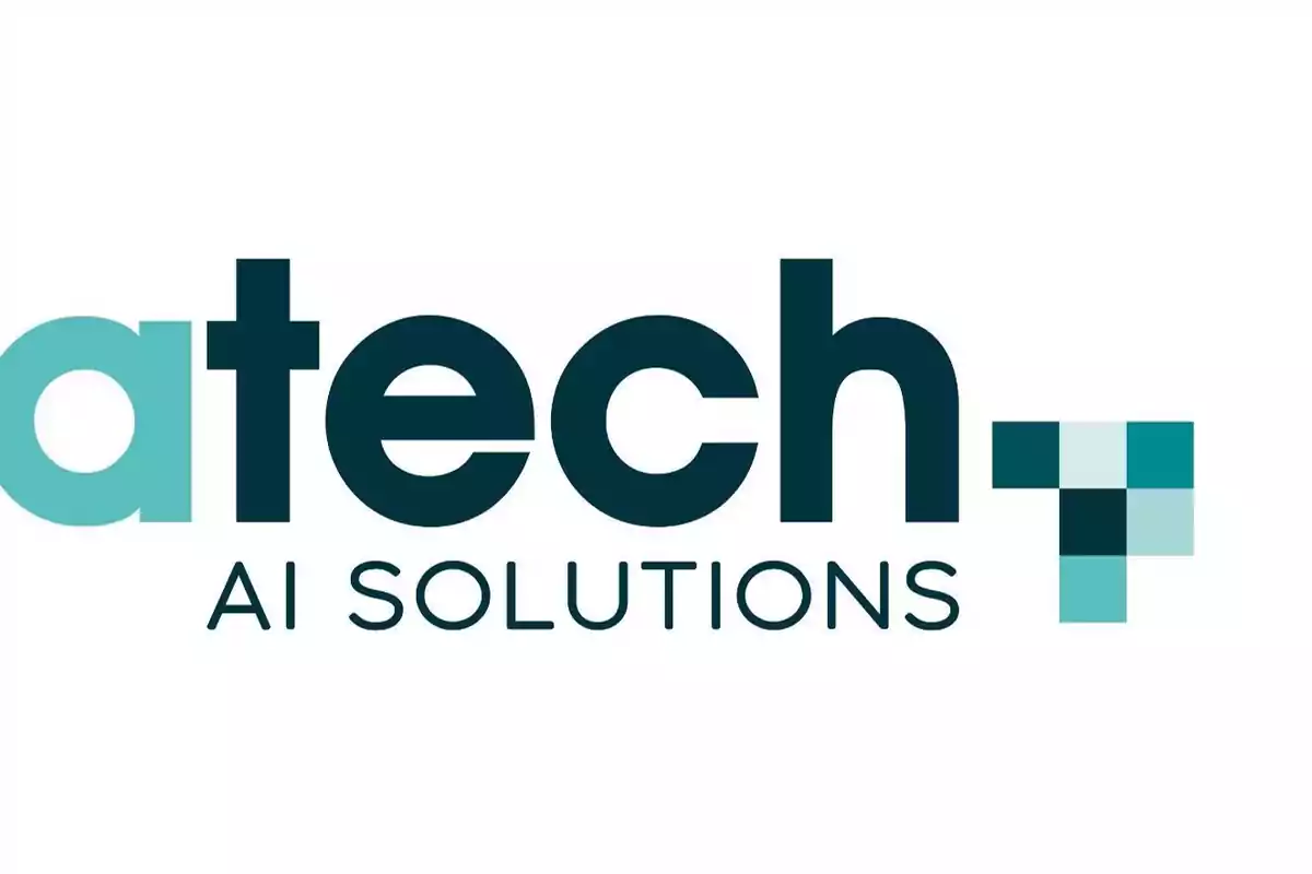 Logotipo de Atech AI Solutions con un diseño de mosaico en tonos verdes y azules.