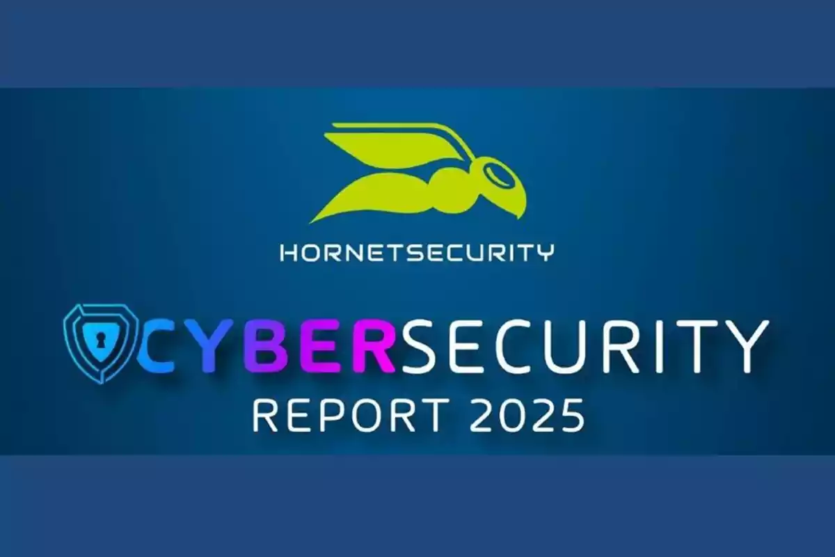 Logo de Hornetsecurity con el texto "Cybersecurity Report 2025" en un fondo azul.