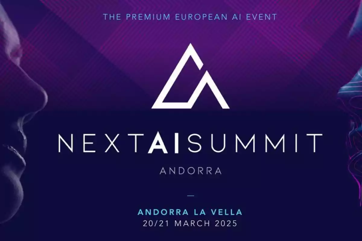 Cartel del evento Next AI Summit en Andorra la Vella el 20 y 21 de marzo de 2025 con un diseño en tonos morados y azules.