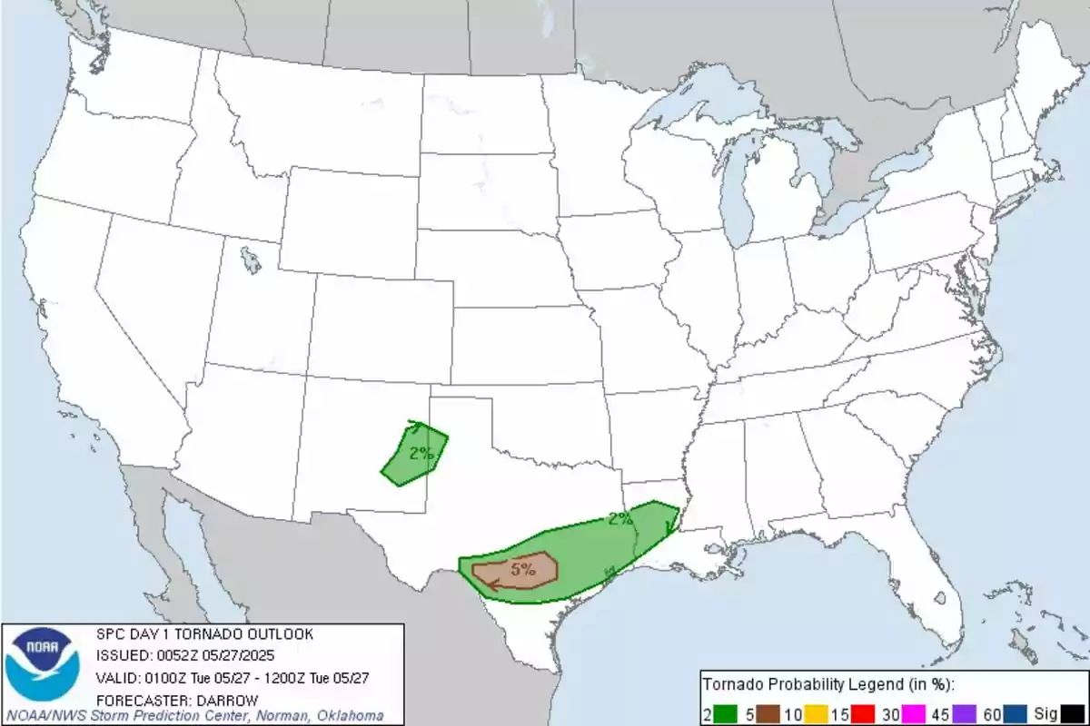 Map of the United States showing tornado probabilities for May 27, 2025, with areas in Texas, Oklahoma, and New Mexico highlighted in green and brown indicating 2% and 5% risks. Map of the United States showing tornado probabilities for May 27, 2025, with areas in Texas, Oklahoma, and New Mexico highlighted in green and brown indicating 2% and 5% risks.
