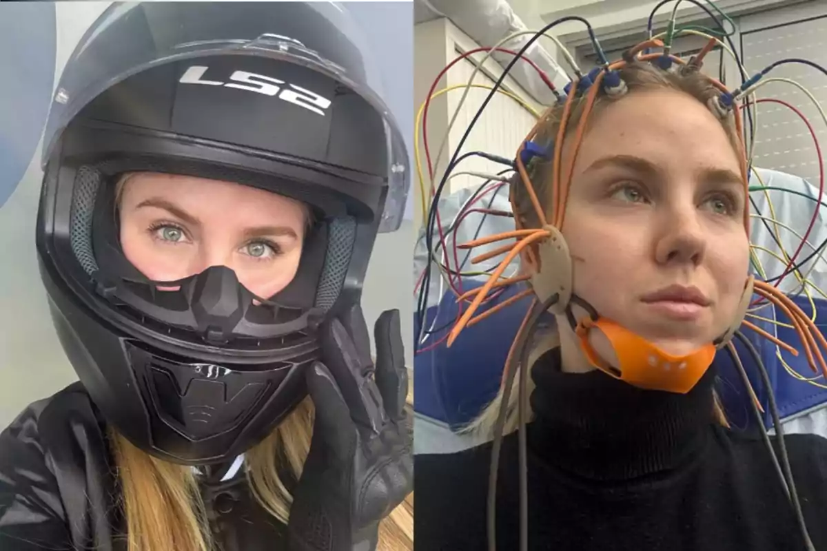 Woman with a black motorcycle helmet in the first image and the same woman with an electrode cap for a medical study in the second image Woman with a black motorcycle helmet in the first image and the same woman with an electrode cap for a medical study in the second image