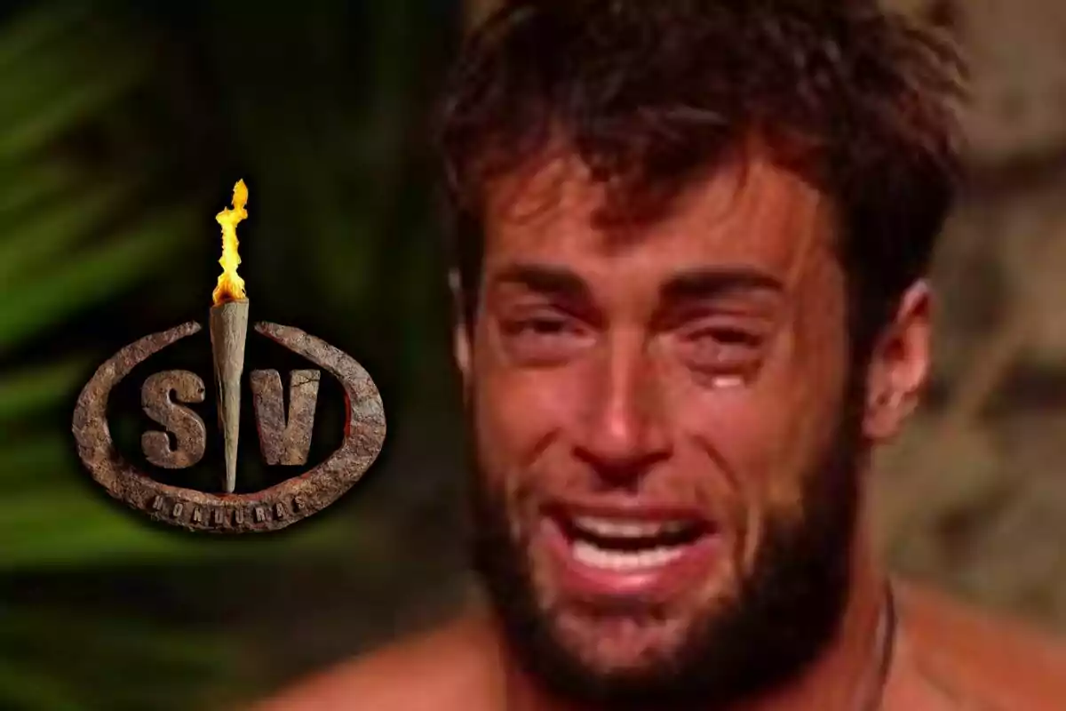 Primer plano de Montoya llorando intensamente con el logo de 'Supervivientes' a su lado.
