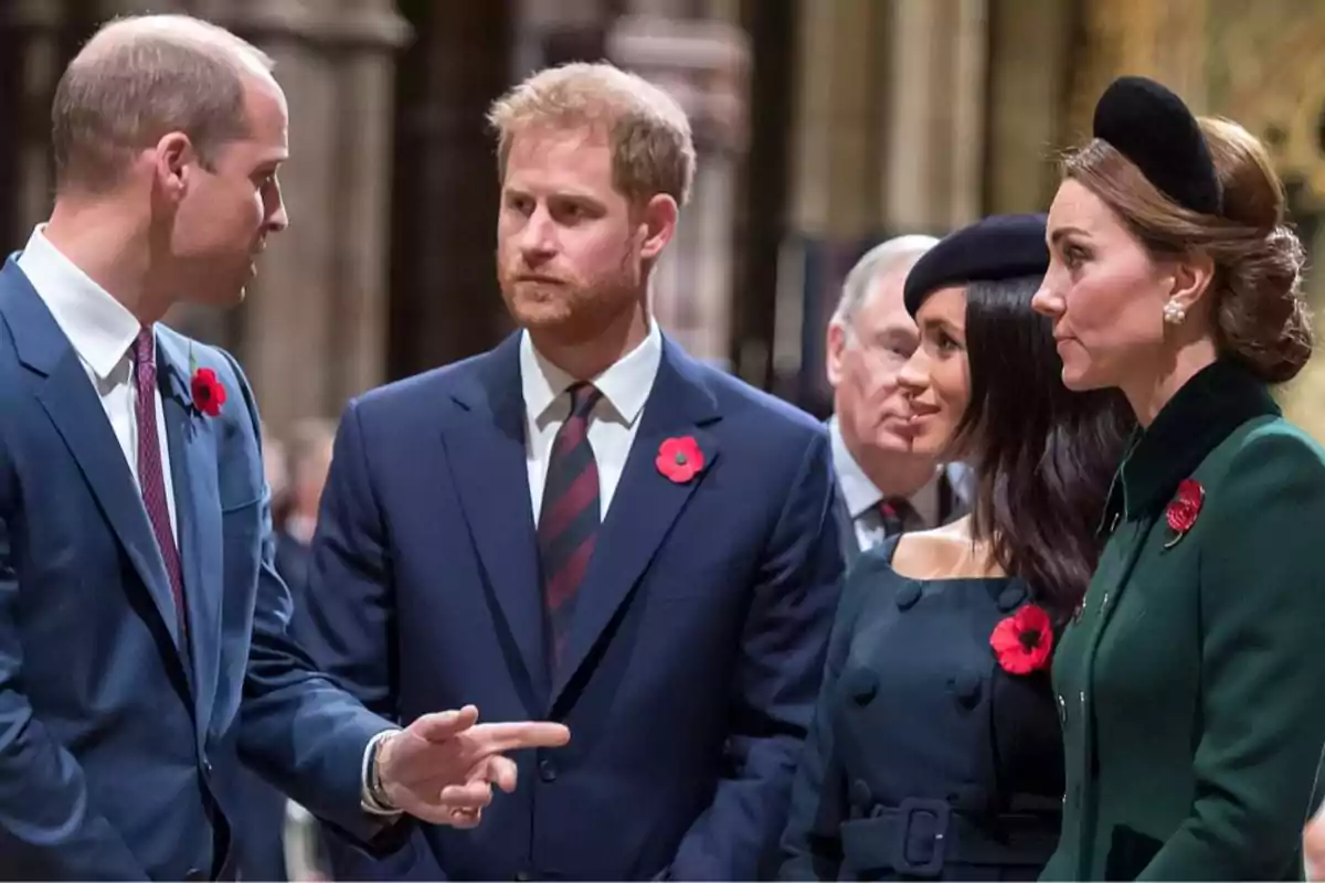 Prince William, Prince Harry, Meghan Markle, and Kate Middleton formally dressed conversing at an event. Prince William, Prince Harry, Meghan Markle, and Kate Middleton formally dressed conversing at an event.