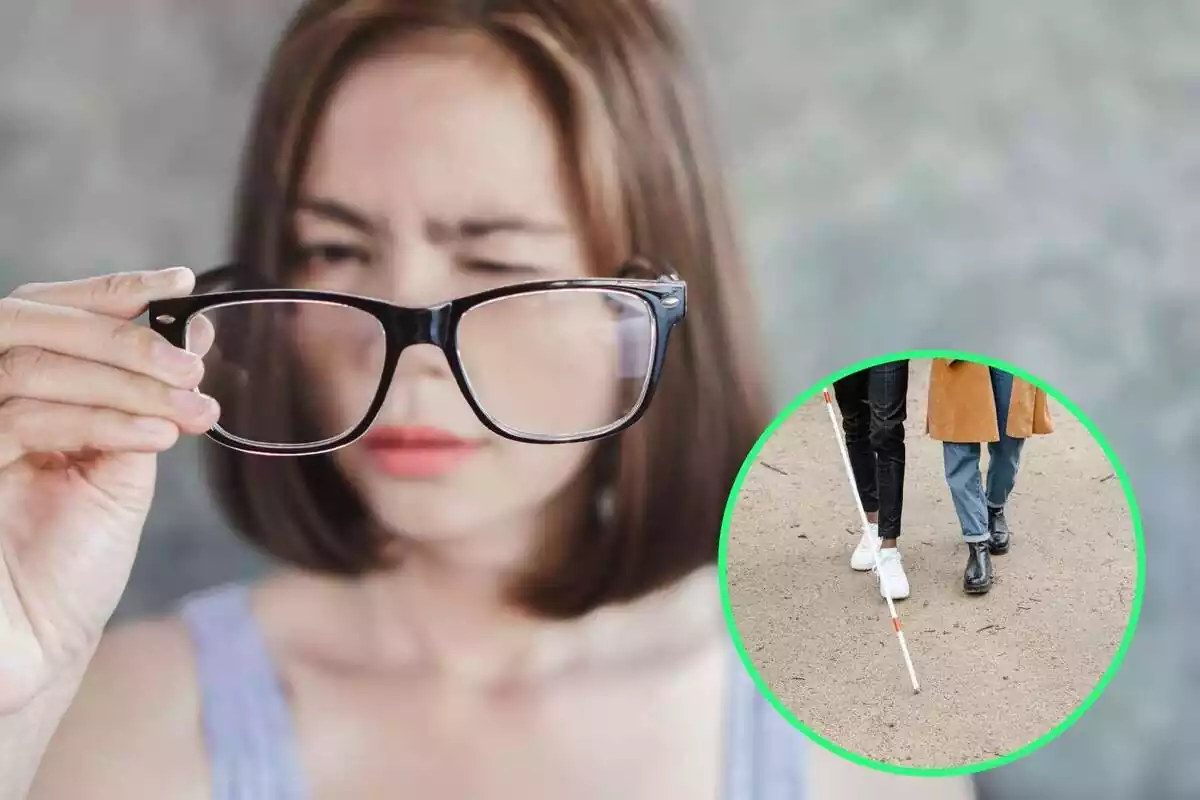 Montaje con chica con gafas y problemas de visión y al lado una persona ciega acompañada