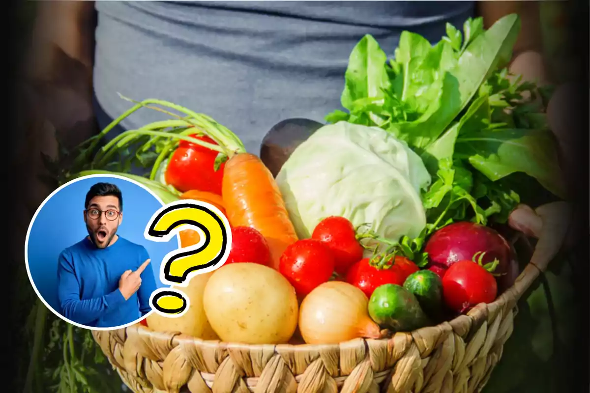 Una persona sostiene una canasta llena de verduras frescas como zanahorias, tomates, lechuga y cebollas, con un gráfico de un hombre sorprendido y un signo de interrogación en la esquina.