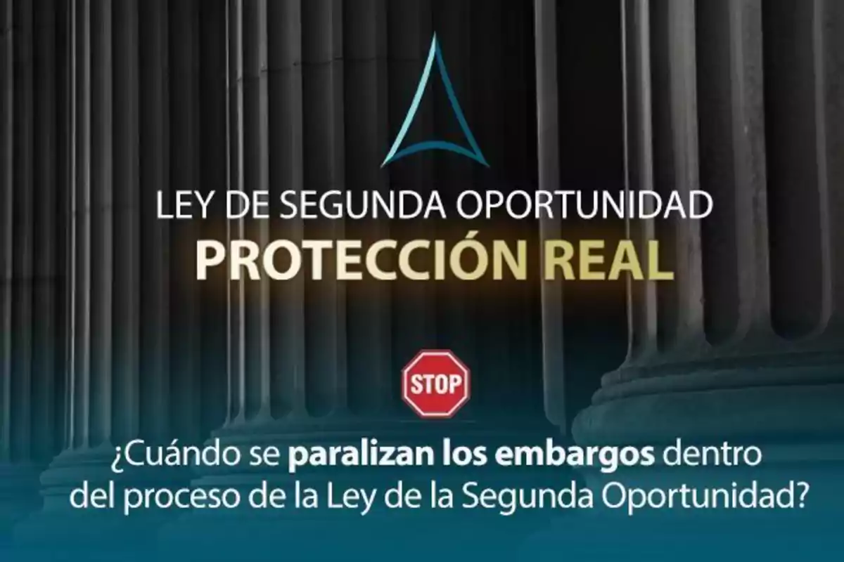 Imagen con columnas de fondo y texto que dice "Ley de Segunda Oportunidad Protección Real" junto a un símbolo de stop y la pregunta "¿Cuándo se paralizan los embargos dentro del proceso de la Ley de la Segunda Oportunidad?"