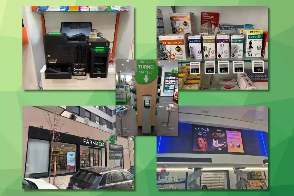 Collage de una farmacia que muestra la fachada exterior, el interior con estantes de productos, una máquina dispensadora de turnos y una caja registradora.