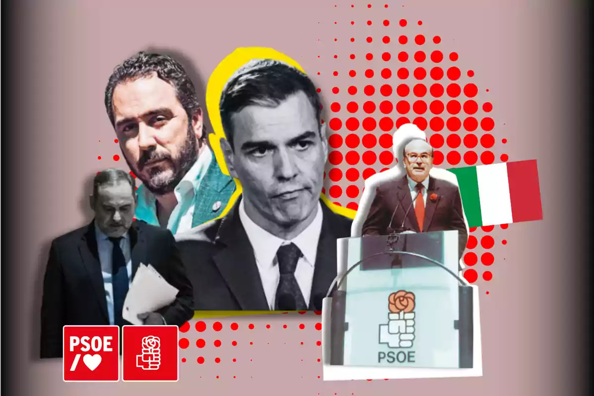 Una imagen con varias figuras masculinas en un diseño gráfico con fondo de puntos rojos y elementos del PSOE, incluyendo un podio y una bandera italiana.