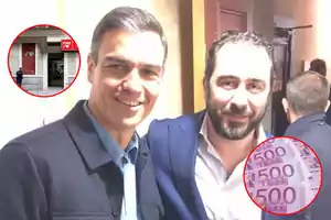 Dos hombres posan para una foto, con imágenes insertadas de un edificio con el logo del PSOE y billetes de 500 euros.