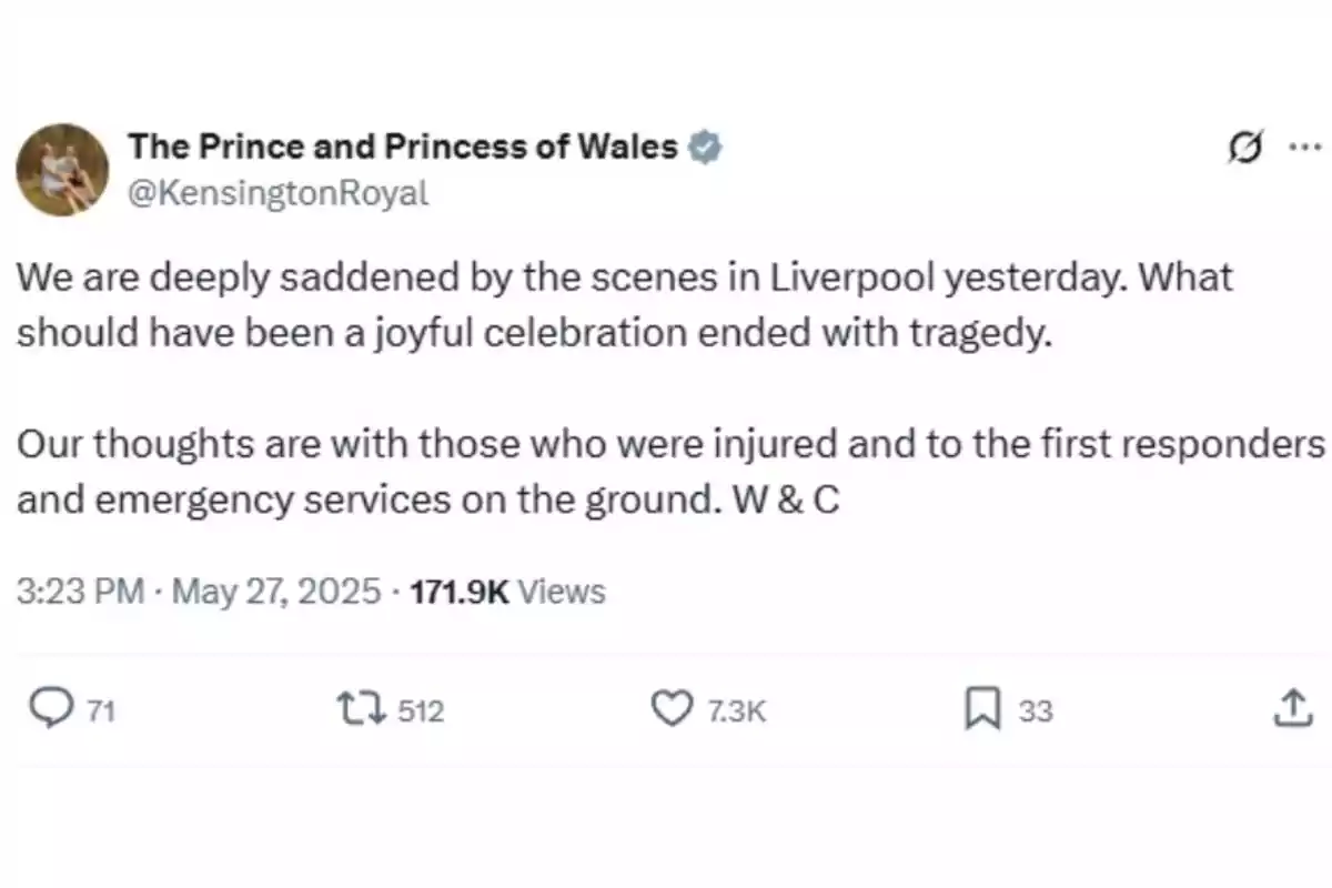 Twitter post from The Prince and Princess of Wales expressing sadness over the events in Liverpool and sending support to the injured and emergency services