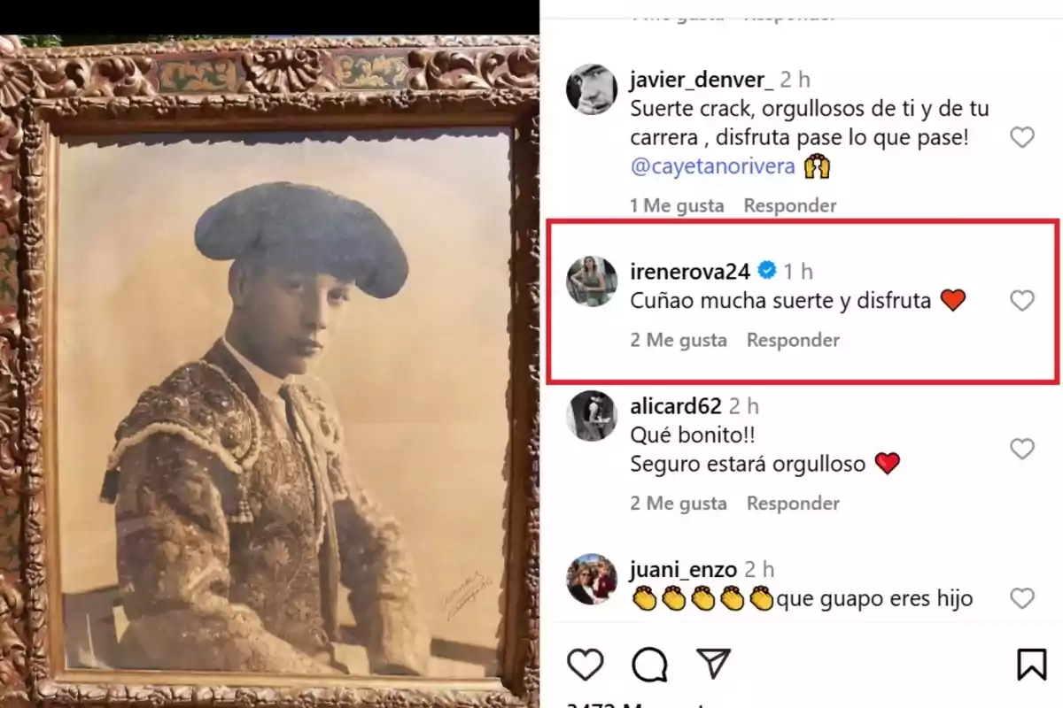 Publicación de Cayetano Rivera en Instagram, con una foto de su bisabuelo, a la que responde Irene Rosales con un comentario Publicación de Cayetano Rivera en Instagram, con una foto de su bisabuelo, a la que responde Irene Rosales con un comentario