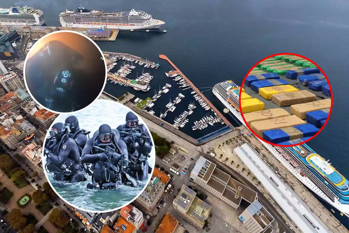 Vista aérea de un puerto con cruceros atracados, imágenes insertadas de buzos en acción y paquetes rectangulares de colores.