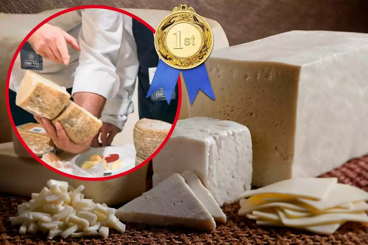 Imagen de fondo de una mesa con varios tipos de quesos cortados, junto a otra imagen del certamen World Cheese Award 2023 con unos jueces valorando unos quesos y una imagen de una medalla