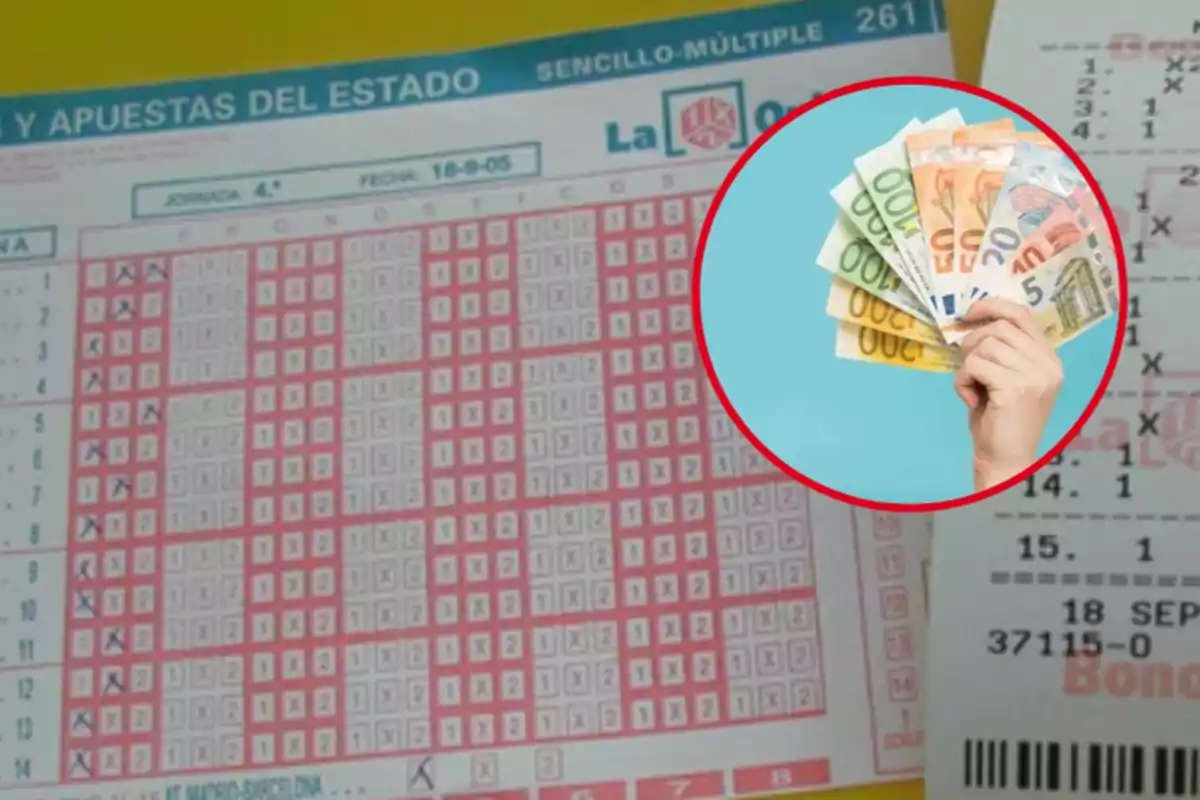 Boleto de lotería con una mano sosteniendo billetes de euro.