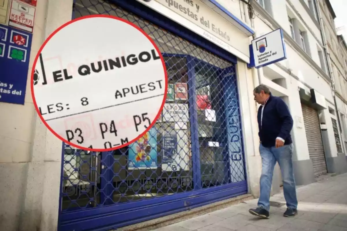 Un hombre camina frente a una administración de loterías y apuestas del Estado, con un boleto de "El Quinigol" ampliado en un círculo rojo.