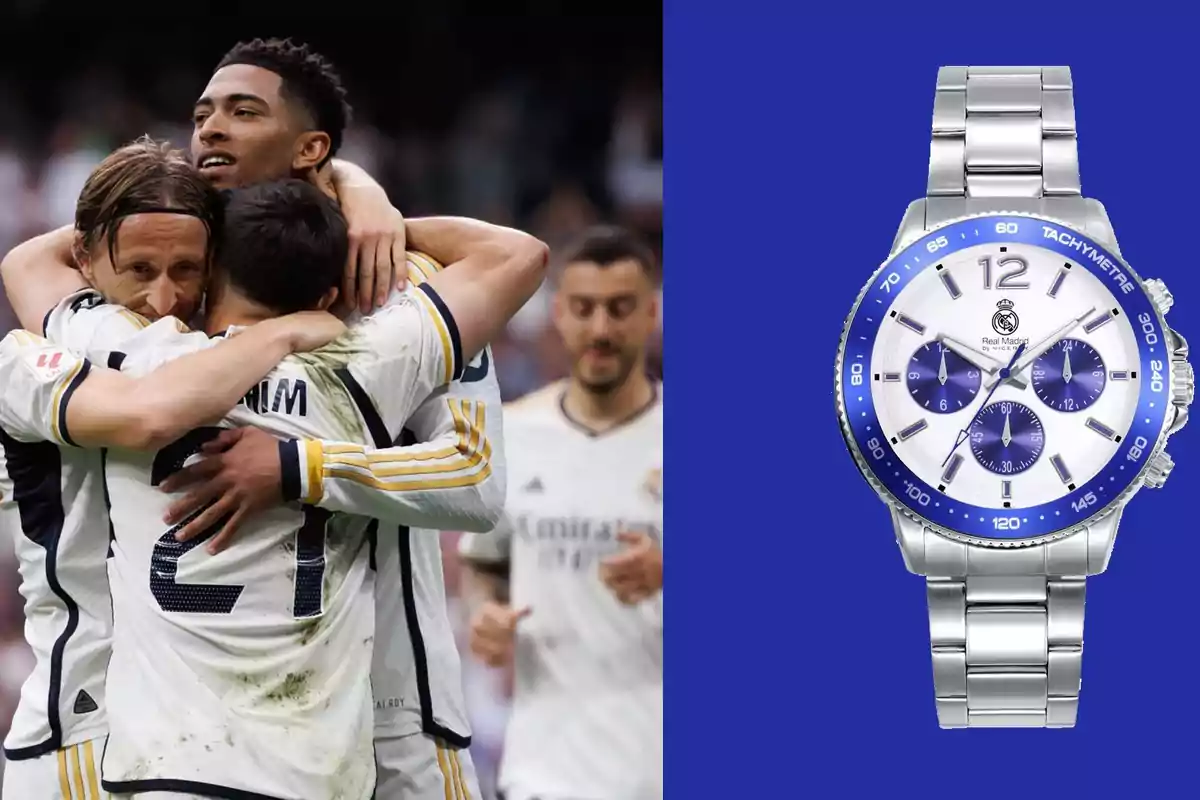 Jugadores de fútbol celebrando un gol junto a una imagen de un reloj plateado con detalles azules.