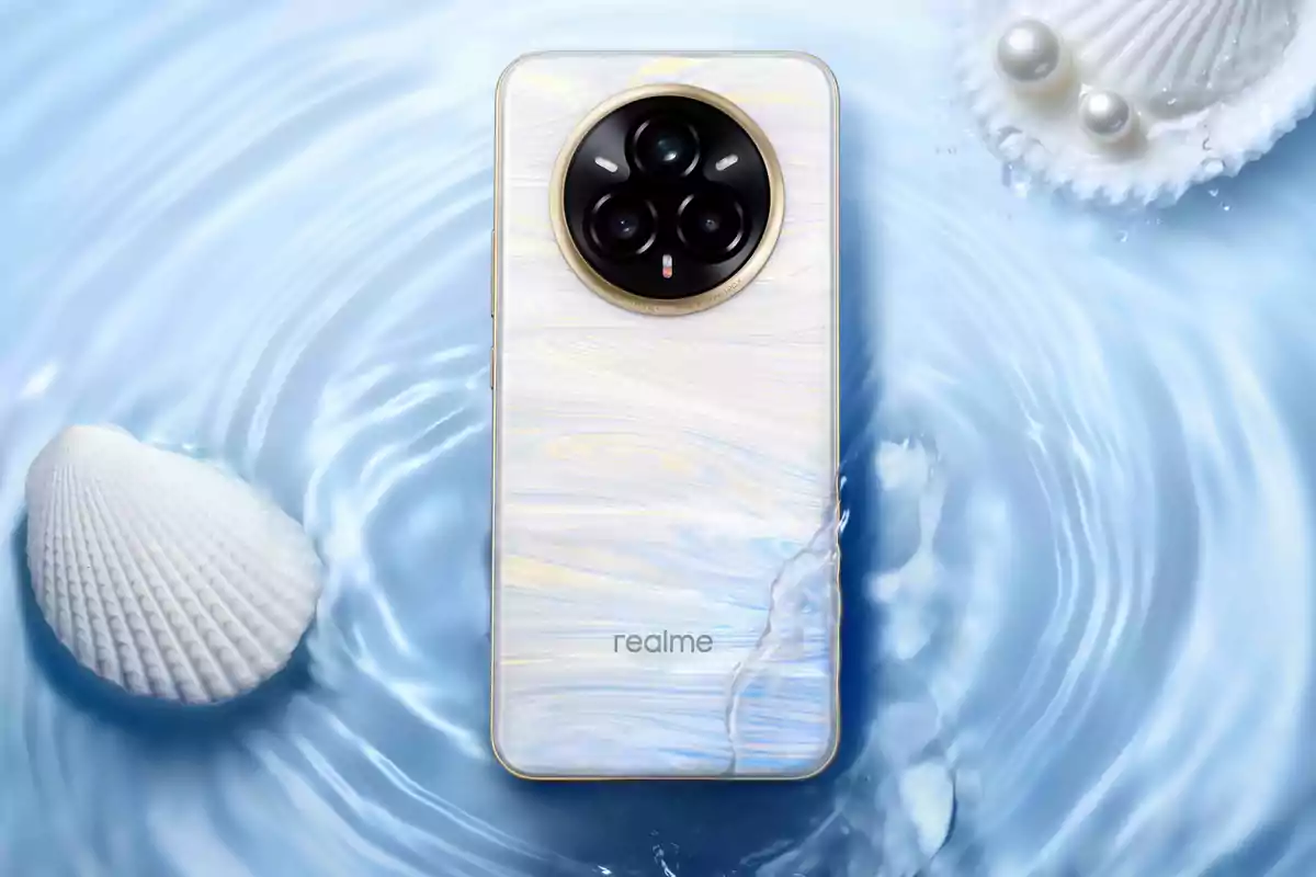 Un teléfono inteligente con diseño elegante y cámara circular sobre un fondo de agua con conchas marinas.