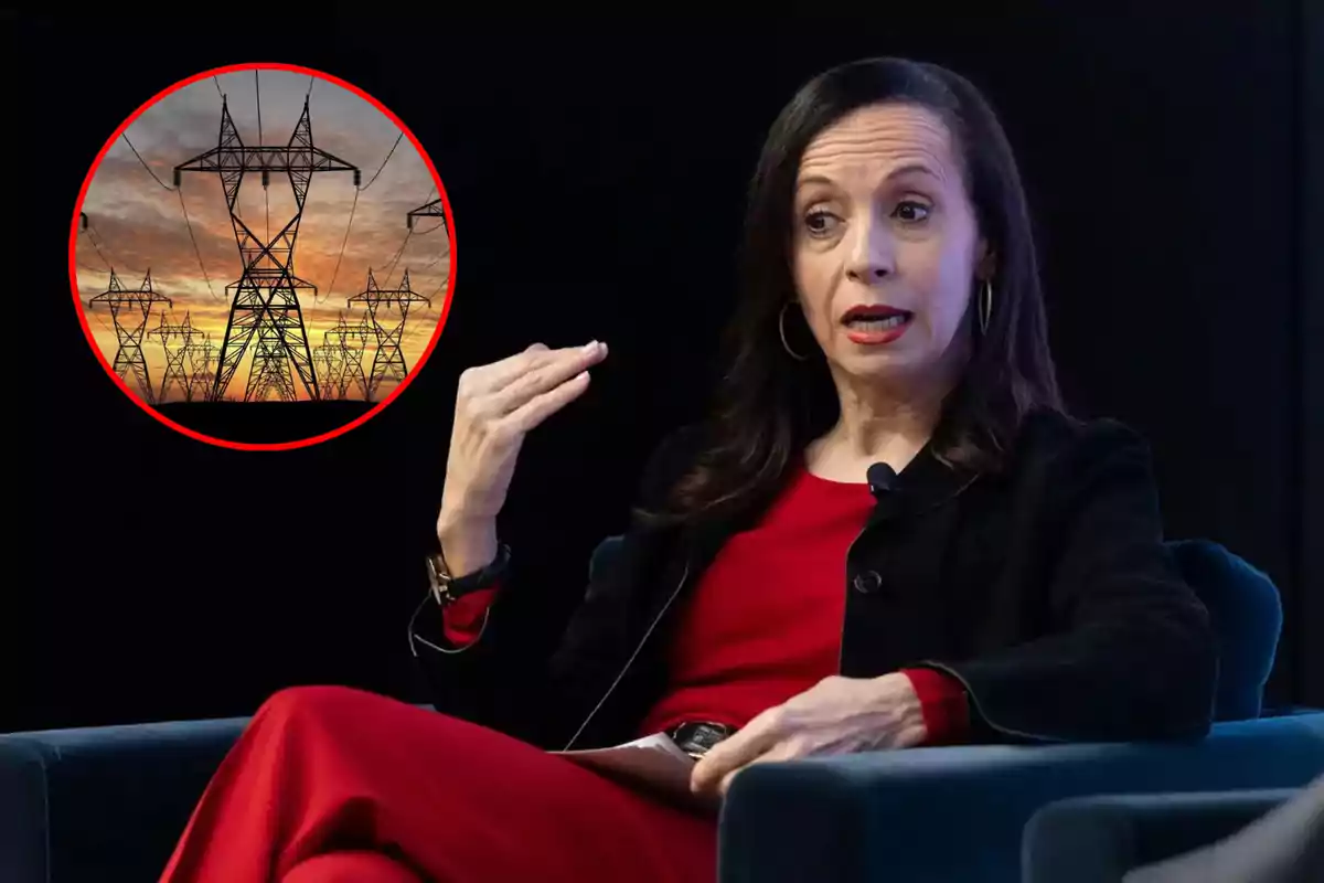 Una persona sentada en una silla hablando, con un micrófono en la solapa, y un recuadro que muestra torres de electricidad al atardecer.
