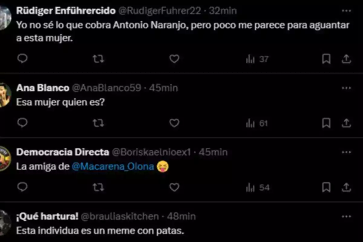 Captura de pantalla de varios tuits en los que diferentes usuarios comentan de forma sarcástica y crítica sobre una mujer, preguntando quién es, mencionando a Macarena Olona y diciendo que es un meme con patas. Captura de pantalla de varios tuits en los que diferentes usuarios comentan de forma sarcástica y crítica sobre una mujer, preguntando quién es, mencionando a Macarena Olona y diciendo que es un meme con patas.