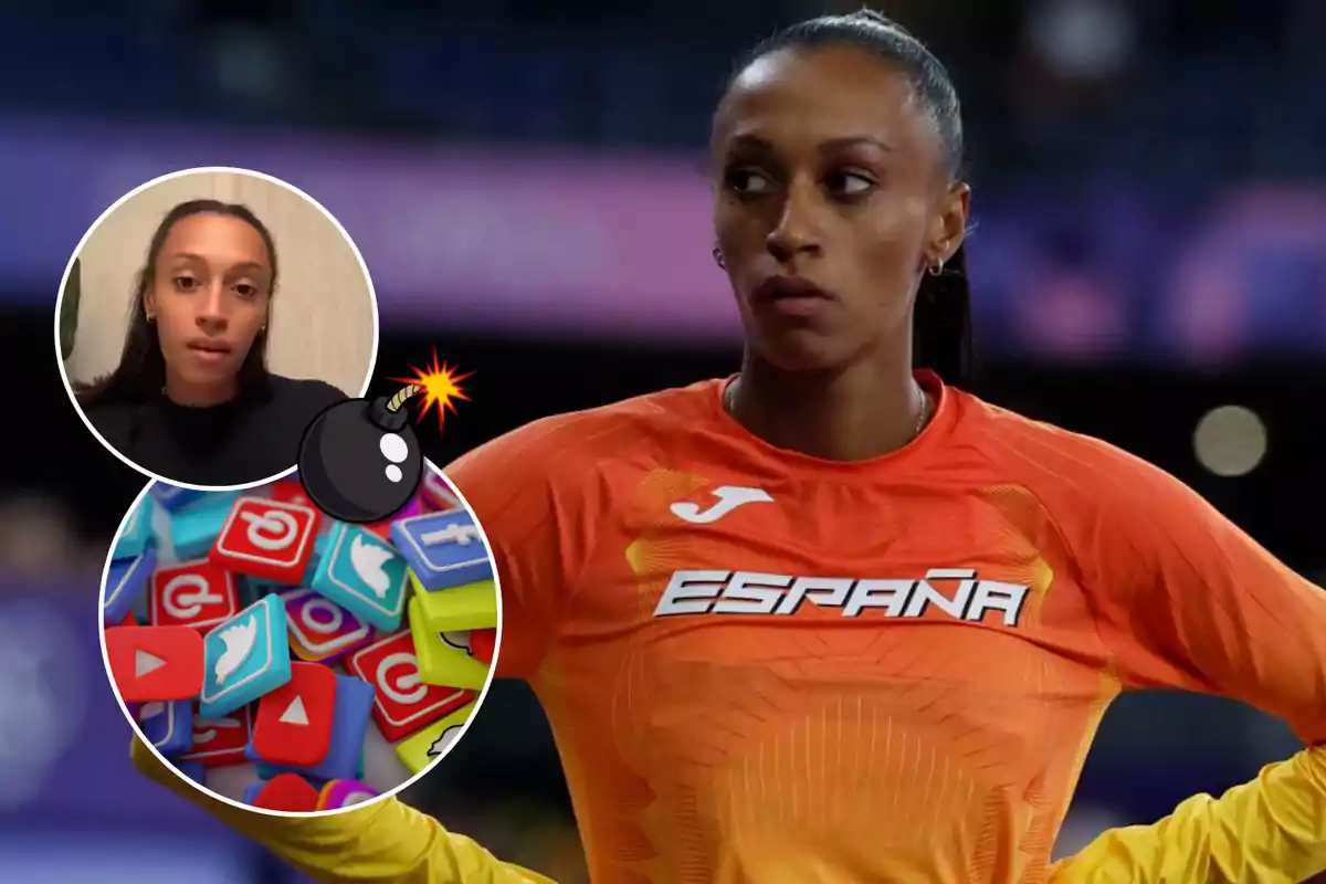 Una atleta con el uniforme de España aparece en la imagen, junto a un recuadro que muestra a la misma persona en una videollamada y varios iconos de redes sociales.