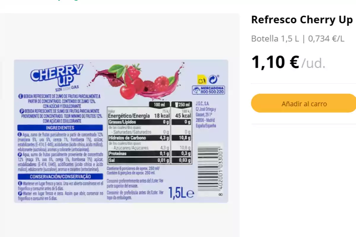Etiqueta trasera de una botella de refresco Cherry Up sin gas de 1,5 litros con información nutricional, ingredientes, datos de conservación y precio de 1,10 euros Etiqueta trasera de una botella de refresco Cherry Up sin gas de 1,5 litros con información nutricional, ingredientes, datos de conservación y precio de 1,10 euros