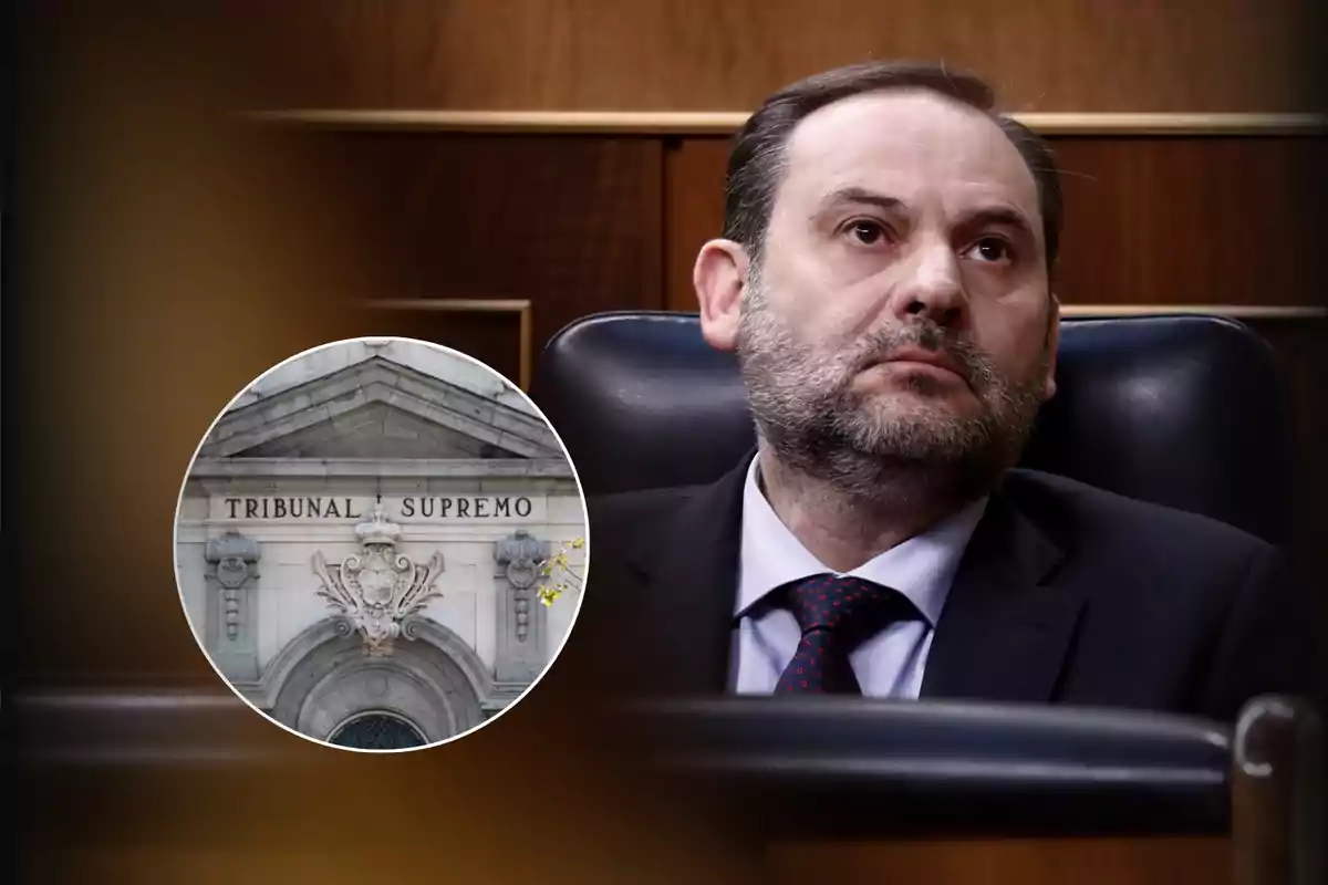 Hombre de traje sentado en un escaño con expresión seria y un recuadro que muestra la fachada del Tribunal Supremo