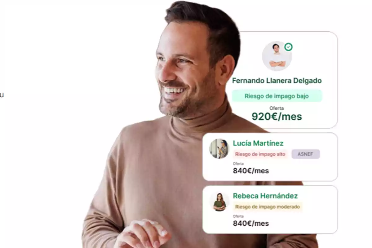 Hombre sonriendo con gráficos de ofertas de riesgo de impago y montos mensuales.