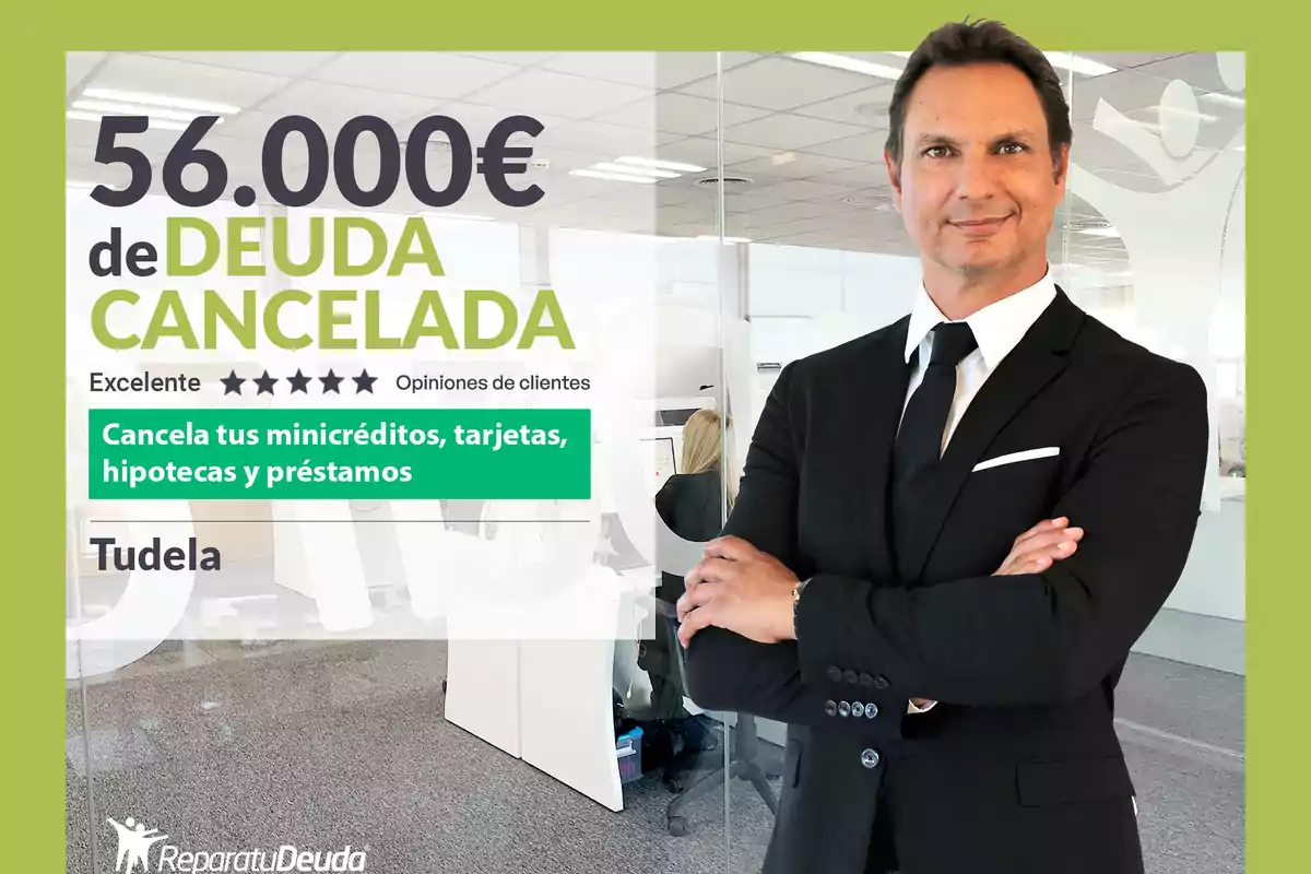 La imagen muestra a un hombre de traje negro y corbata negra con los brazos cruzados, acompañado de un texto que dice "56.000€ de deuda cancelada" en letras grandes y destacadas, seguido de "Excelente" con cinco estrellas y "Opiniones de clientes". También se menciona "Cancela tus minicréditos, tarjetas, hipotecas y préstamos" en un recuadro verde, y la palabra "Tudela" en la parte inferior. En la esquina inferior izquierda aparece el logo de "Repara tu Deuda".