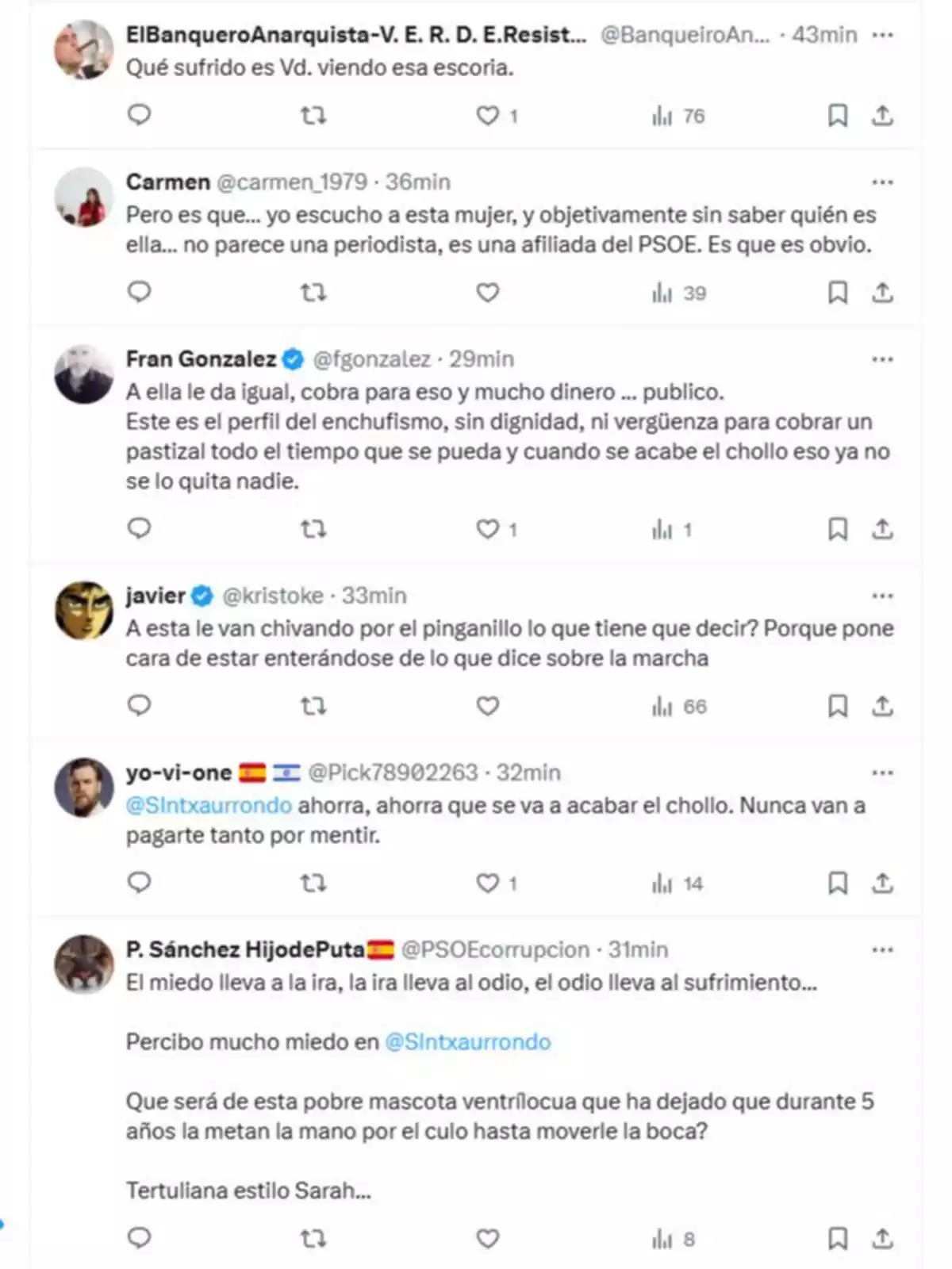 Captura de pantalla de una serie de tuits con comentarios críticos y despectivos hacia una periodista y su trabajo, mencionando temas políticos y acusaciones de parcialidad. Captura de pantalla de una serie de tuits con comentarios críticos y despectivos hacia una periodista y su trabajo, mencionando temas políticos y acusaciones de parcialidad.