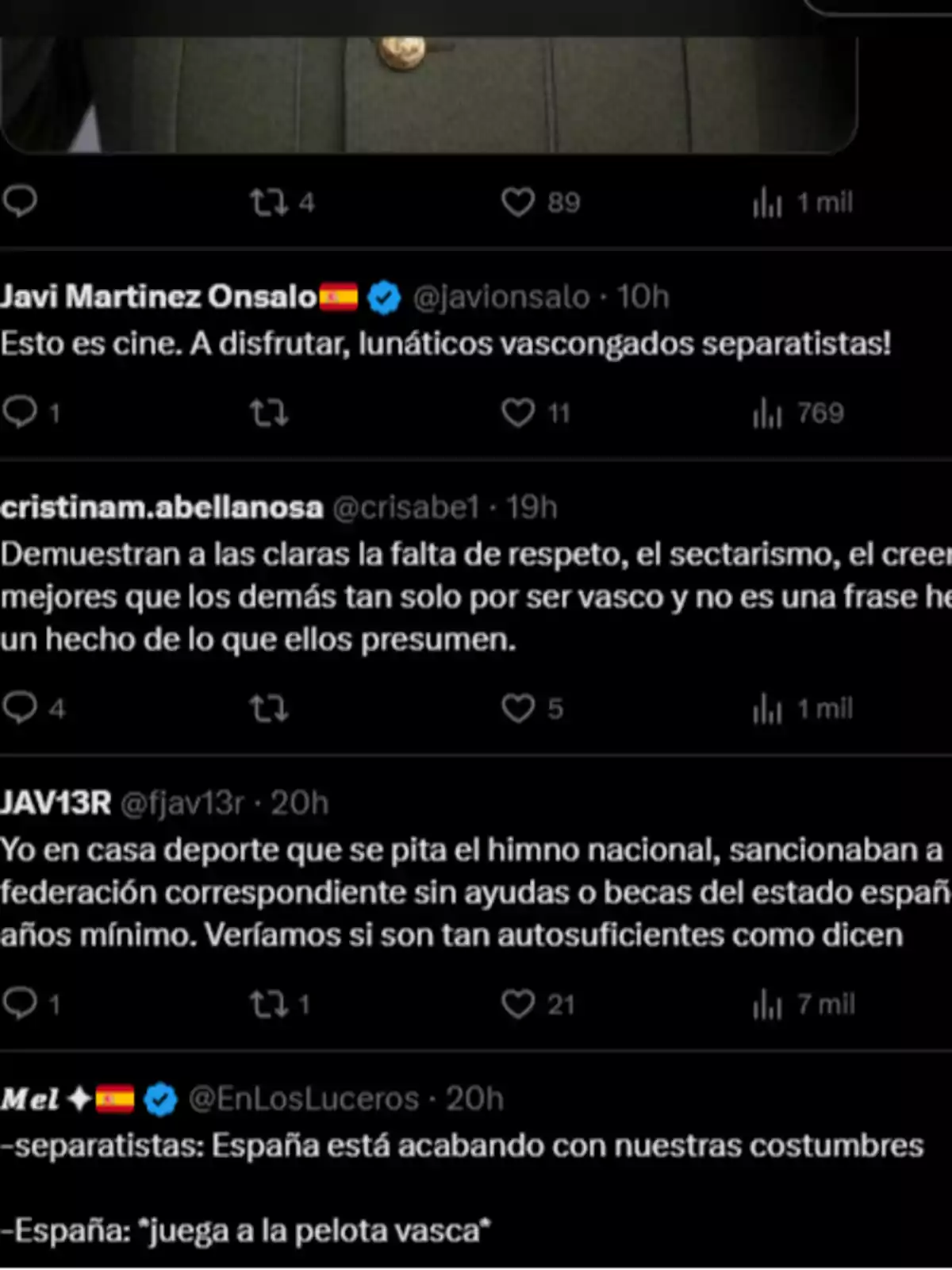Captura de pantalla de varios tuits en los que diferentes usuarios comentan sobre temas de separatismo, nacionalismo y costumbres en España, haciendo referencia a los vascos y a la relación con el Estado español Captura de pantalla de varios tuits en los que diferentes usuarios comentan sobre temas de separatismo, nacionalismo y costumbres en España, haciendo referencia a los vascos y a la relación con el Estado español
