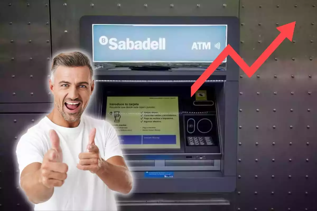 Un cajero del Banco Santander, con una flecha hacia arriba, y un hombre sonriendo