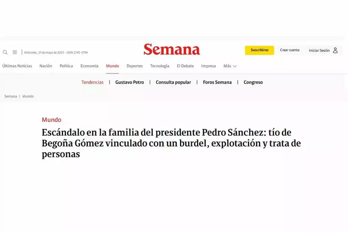 Portada de la revista Semana con un titular sobre un escándalo familiar relacionado con el presidente Pedro Sánchez. Portada de la revista Semana con un titular sobre un escándalo familiar relacionado con el presidente Pedro Sánchez.