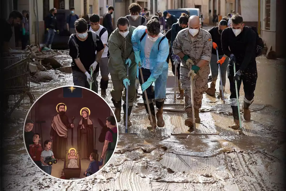 Un grupo de personas con mascarillas y guantes limpian una calle llena de barro; en un recuadro se muestra una ilustración de un nacimiento navideño.