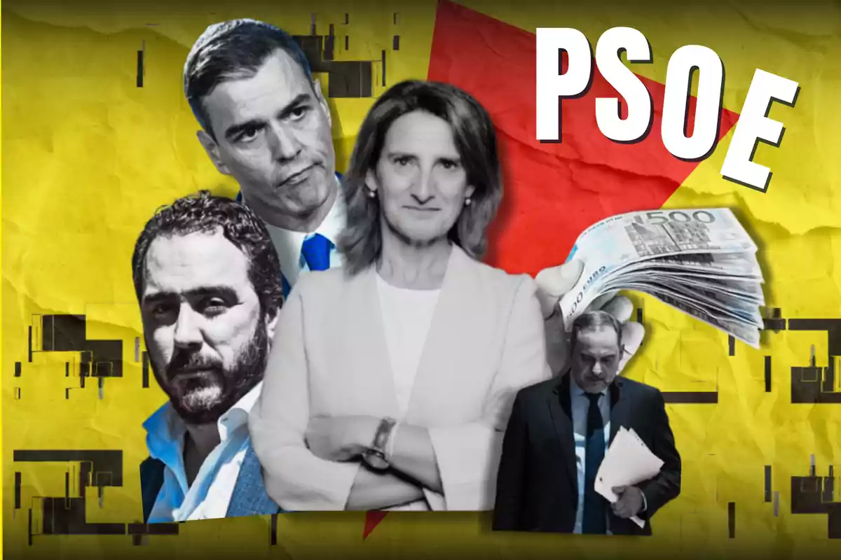 Una imagen con un fondo amarillo y rojo muestra a cuatro personas en blanco y negro junto a un manojo de billetes de 500 euros y la palabra PSOE en letras grandes.