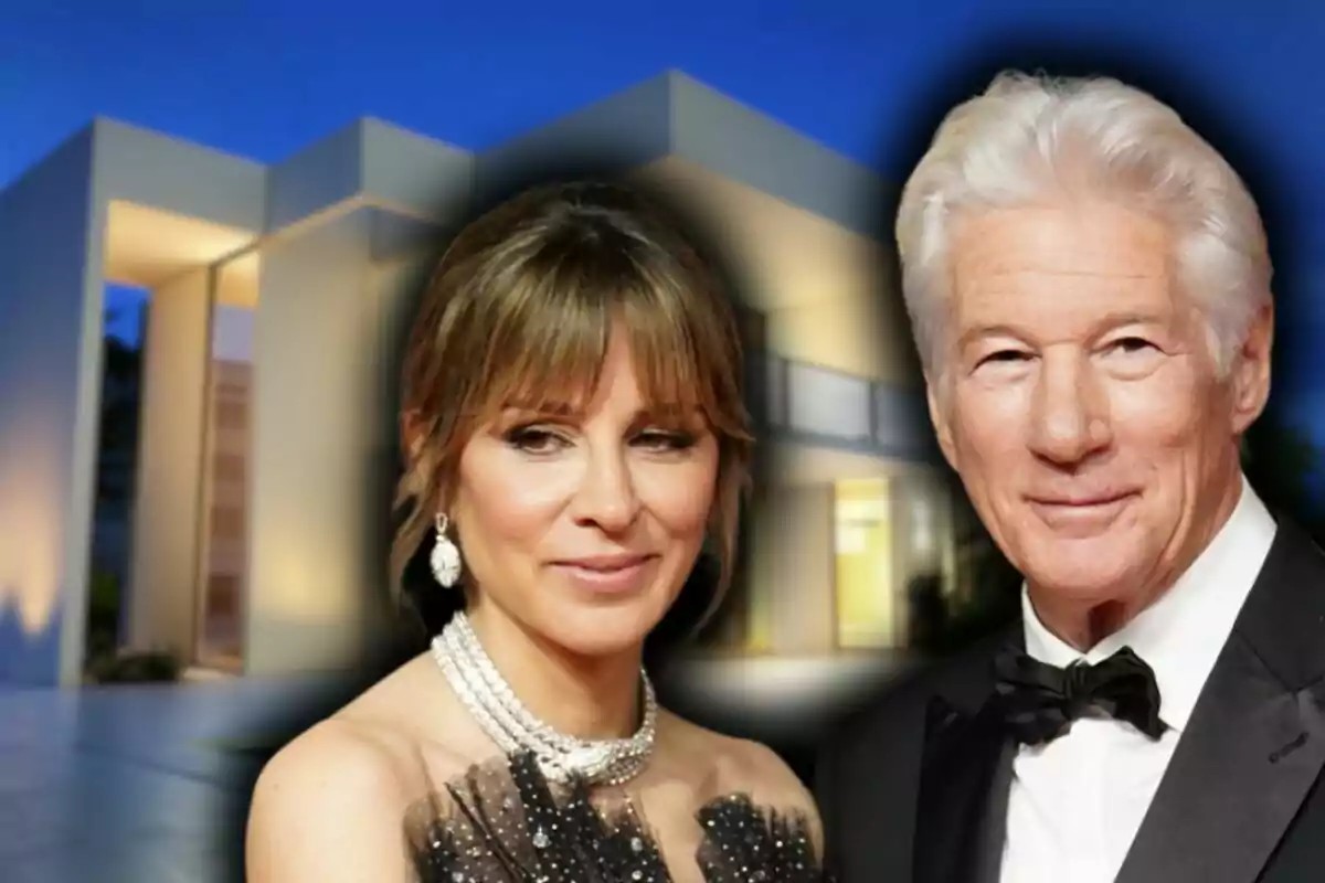 Photo montage of actor Richard Gere and publicist Alejandra Silva with a mansion in the background.