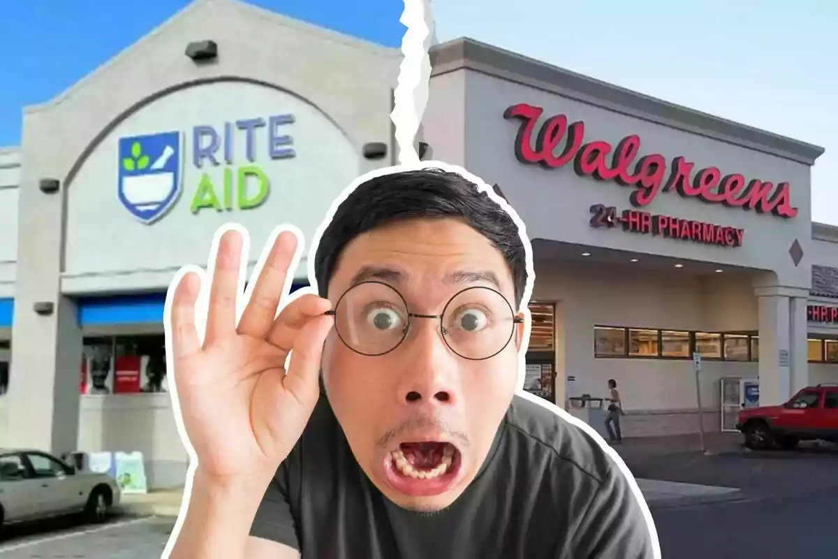 A man with a surprised expression is in front of two pharmacies, one Rite Aid and the other Walgreens, with a split effect between them.