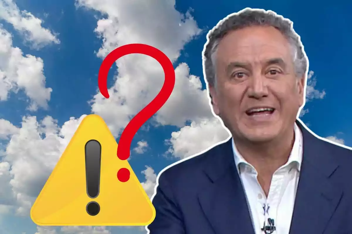 Hombre hablando frente a un fondo de cielo con nubes junto a un signo de advertencia amarillo y un signo de interrogación rojo.