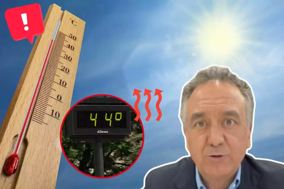 Termómetro de madera marcando alta temperatura, pantalla digital mostrando 44 grados Celsius, sol brillante en el cielo y hombre hablando.