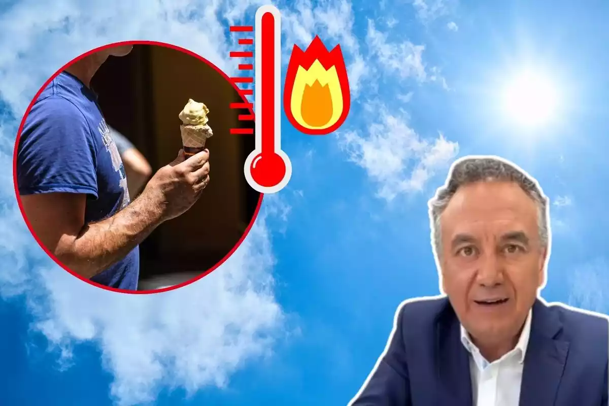 Imagen de fondo de un cielo azul con el sol y nubes blancas, además de la imagen en primer plano de Roberto Brasero y otra imagen de una persona con un helado en la mano junto a un emoticono de un termómetro que marca temperatura alta