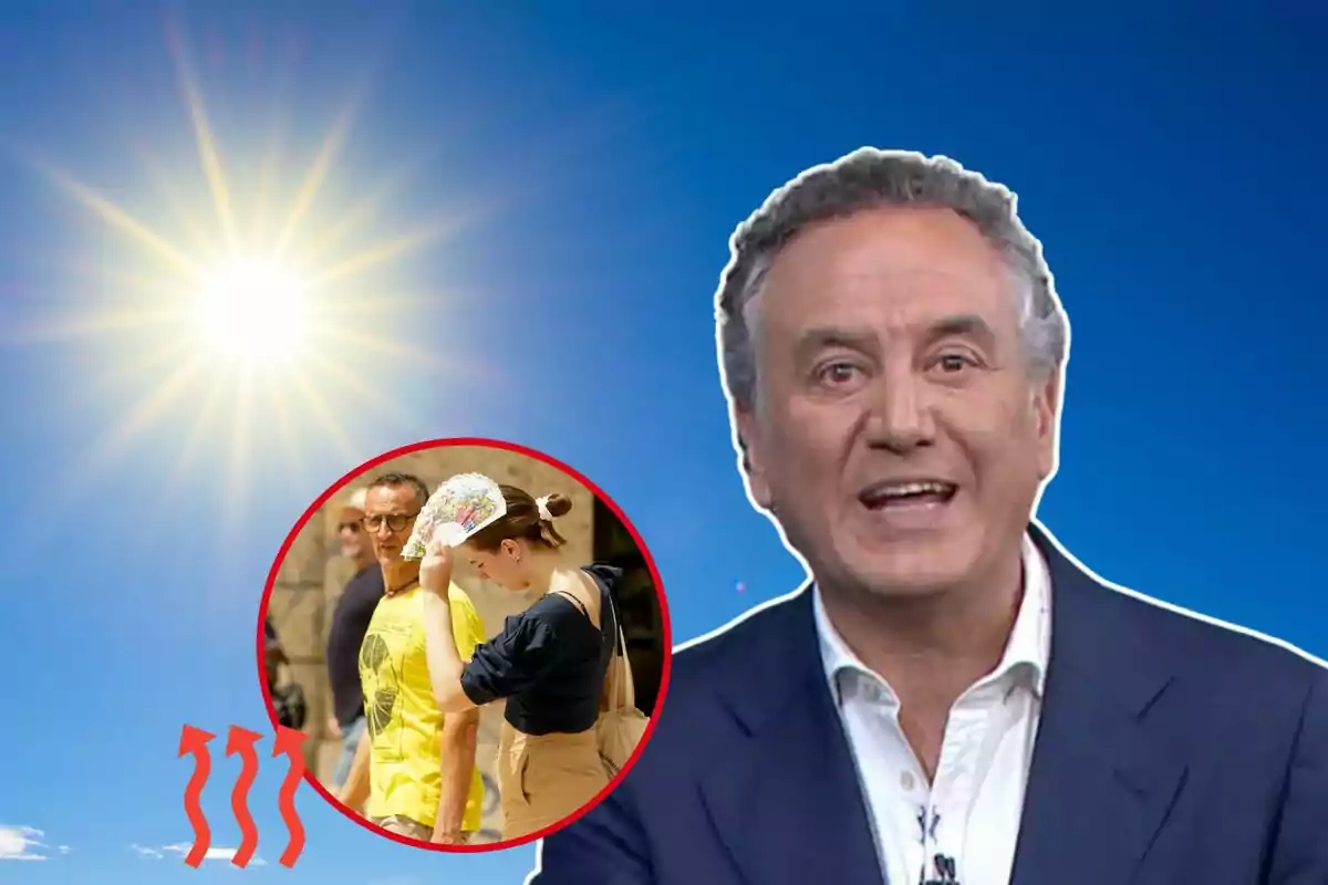 Un hombre hablando frente a un fondo de cielo azul con un sol brillante y un recuadro que muestra a dos personas caminando bajo el sol. Un hombre hablando frente a un fondo de cielo azul con un sol brillante y un recuadro que muestra a dos personas caminando bajo el sol.