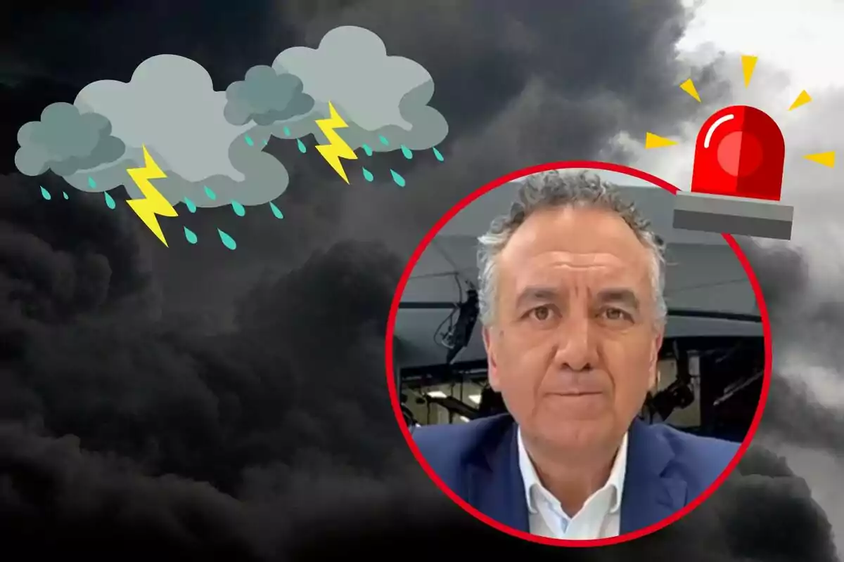 Roberto Brasero en un círculo rojo sobre un fondo de nubes oscuras con iconos de tormenta y una sirena de alerta.