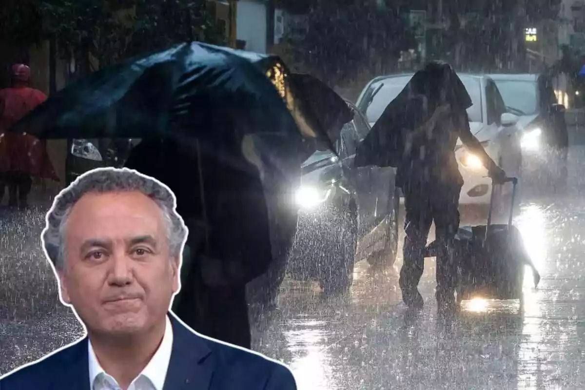 Background image of people and cars on a road in the rain next to another image by Roberto Brasero in the foreground