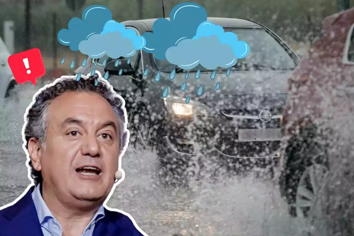 Roberto Brasero aparece en primer plano, mientras que en el fondo se ve una carretera con coches bajo la lluvia y nubes animadas con gotas de agua.