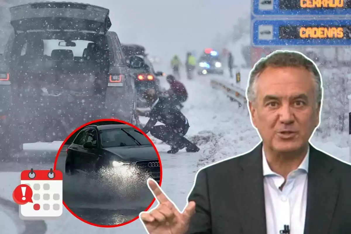 Una carretera nevada con varios coches detenidos y personas colocando cadenas, un cartel que indica "cerrado" y "cadenas", un hombre hablando y un icono de calendario con un signo de exclamación.